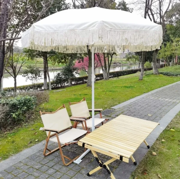 Custom Logo Beach Umbrella Pink Sunshade with Wooden and Aluminum Frame Outdoor Tassel Fringe Parasol