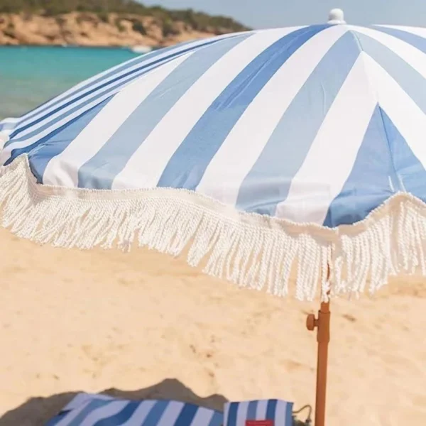 Custom-printed Aluminum and Wooden Sunshade Umbrella in Pink with Tassel Trim for Outdoor Beach Use