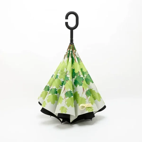 Custom Logo Printed Double Layer Inverted Umbrella, C Hook Handle Hands-Free Car Reverse Umbrella