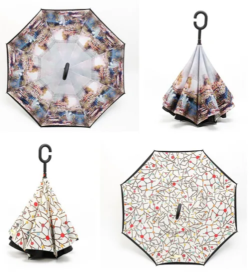 Custom Print C Shape Handle Inverted Umbrella, Manual Large Size Dual Layer 2 Person Car Reverse Umbrella