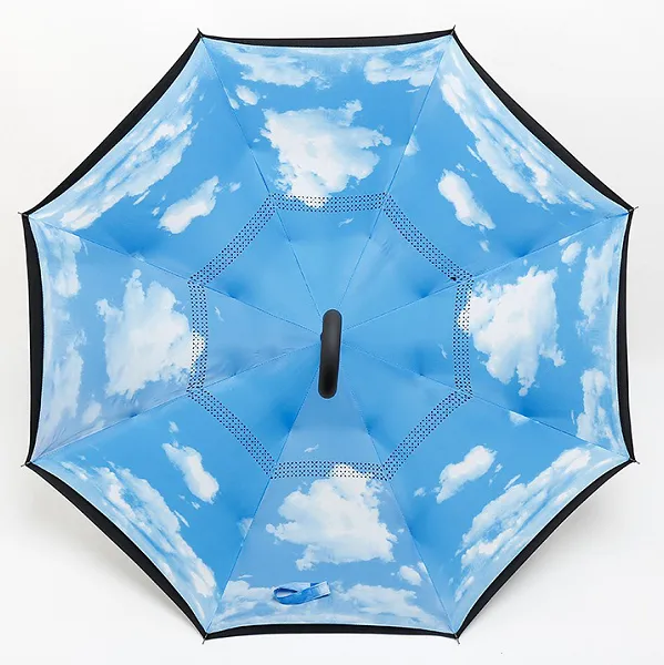 Manual C-Hook Inverted Car Umbrella, Double Layer Large 2-Person Rain Sun Umbrella with Custom Logo