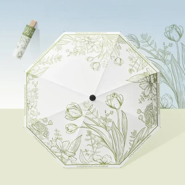 3 Fold Umbrella 8 Ribs Black Glue Coating Sun Protection Ancient Style Floral Pattern For Sun And Rain Use