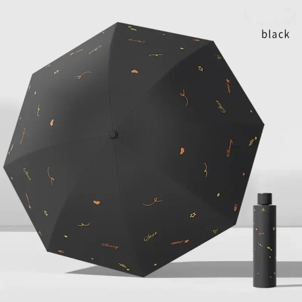 3 Fold Umbrella 8 Ribs Black Glue Coating Sun Protection Fresh Style Solid Canopy With Small Floral Accents