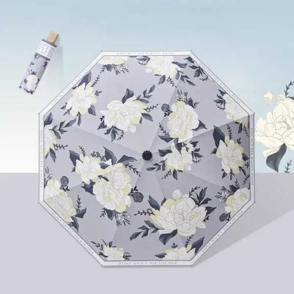 8 Ribs 3 Fold Umbrella Black Glue Coating Cooling Ancient Floral Design Sun And Rain Umbrella