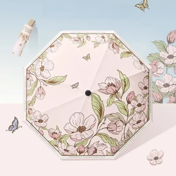 Ancient Series Floral 3 Fold Umbrella 8 Ribs Black Glue Coating Sun Protection Rainproof
