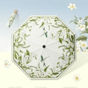 Ancient Style Floral 3 Fold Umbrella 8 Ribs Black Glue Coating Effective Cooling Sun Rain Dual Use