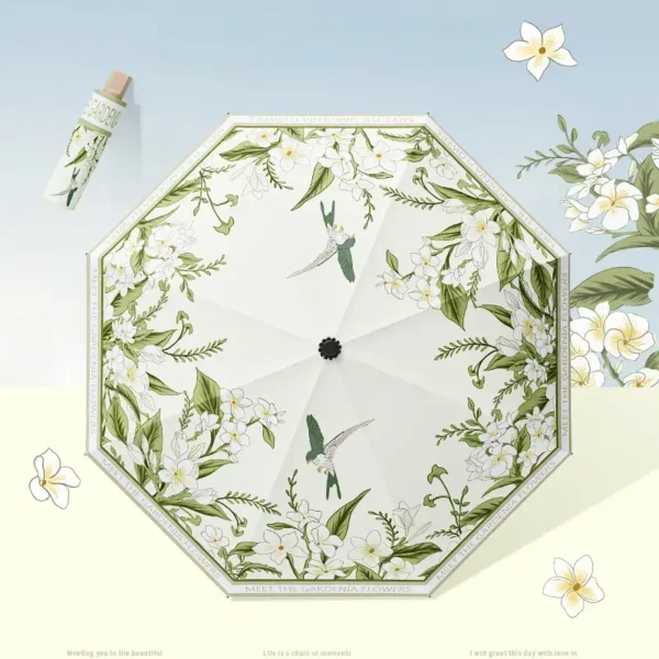 Ancient Style Floral 3 Fold Umbrella 8 Ribs Black Glue Coating Effective Cooling Sun Rain Dual Use