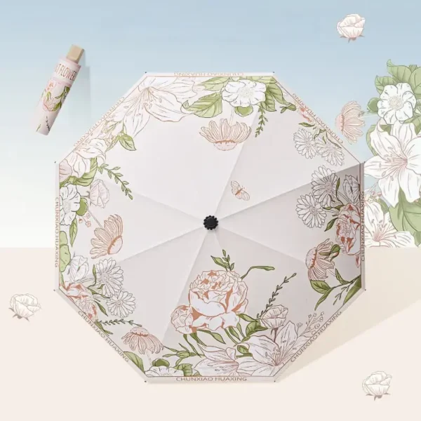 Dual Use Sun Rain 3 Fold Umbrella 8 Ribs Black Glue Coating Vintage Floral Ancient Style